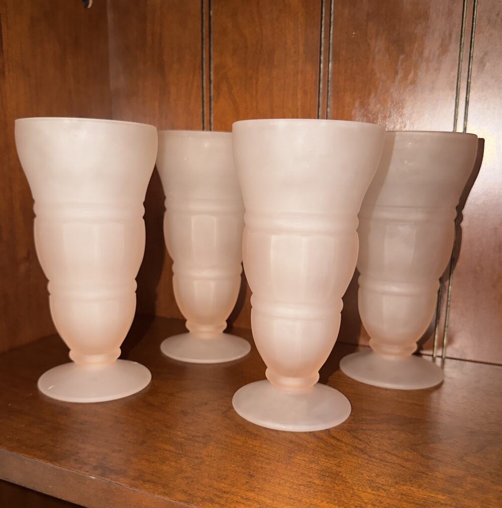 Vintage Indiana Glass Frosted Pink Goblets Set of 4 Pretzel Whitehall MidCentury